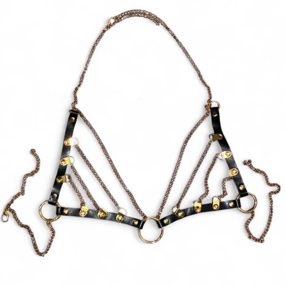 ★ Black Leather + Gold Chain Body Harness/Bra ★